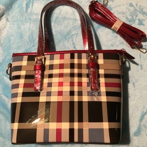Red, Black & Tan Plaid Patent Leather Handbag